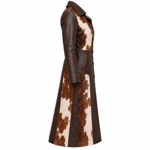 Abrigo Largo de Cuero Marrón con Parches de Piel de Vaca para Mujer, Chaqueta con Botones, Proveedor Personalizado OEM ODM - Product Image 3