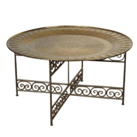 Table basse marocaine en laiton Antique, Base en bois classique, Table marocaine à quatre pieds