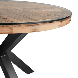 Mesa de Comedor de Madera Estilo Vintage Industrial, Aspecto Antiguo Natural, Forma Redonda con Tapa de Vidrio, Patas Plegables en Forma de X de Metal - Product Image 5