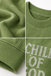 Sudadera Oversize Verde Personalizada para Hombre con Estampado de Letras de Pedrería “Hijo de Dios” Casual Cuello Redondo Estilo Urbano - Product Image 6