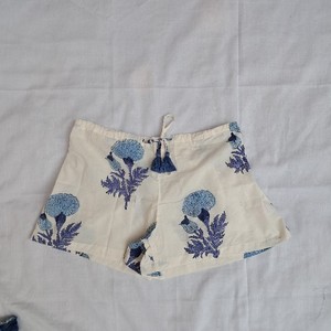 Women's Frill Pajama Set Cream Blue Purple Large Marigold Thistle Block Print Cotton Tassel Drawstring Frill Boho Summer Shorts - Product Image 1