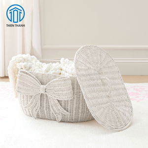 Panier de rangement tressé blanc fait main avec couvercle, en osier, pour chambre d'enfant, décoratif, vente en gros, fabricant - Product Image 4