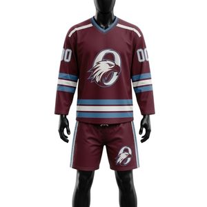 Ensemble short et maillot de hockey sur glace sublimé pour homme, bordeaux et bleu, en polyester, col en V, imprimé, tenue d'équipe, vêtements de match - Product Image 1