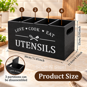 Rustic Wooden Kitchen <b>Utensil</b> Holder 4 Compartment <b>Organizer</b> with Detachable Partitions Countertop Storage 30cm - Product Image 1