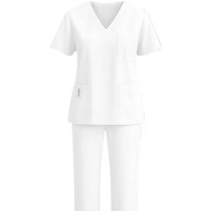 Haut de blouse bleu pour femme à col en V avec poches avant, uniforme d'hôpital en tissu tissé coton-polyester - Product Image 4