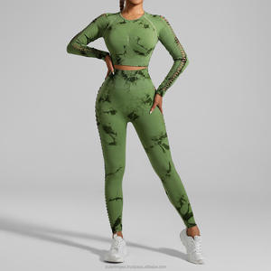 Ensemble de vêtements de sport pour femmes, haut court à manches longues tie-dye, leggings taille haute, ajusté, en polyester, design sans couture, longueur intégrale - Product Image 2