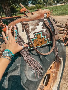 Western Cowhide Leather Tote Bag with Tooled Floral Panel & Turquoise Accent | Hair-On Leather Fringe Shoulder Bag for Women - Product Image 4