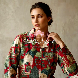 Premium Women's Red Cotton Summer Pajama Set Two-Piece Nightwear Full-Sleeve Button Shirt Comfortable Matching <b>Trousers</b> - Product Image 4