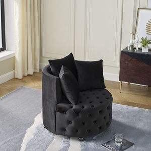 Poltrona Girevole in Velluto con Design Trapuntato a Bottoni e Ruote Mobili, Set per Soggiorno con 3 Cuscini Neri - Product Image 3