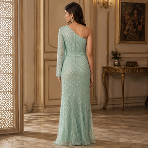 Mint Green <b>Sequin</b> Evening Gown Women One Shoulder Long Sleeve Embellished Maxi Dress Elegant Wedding Prom Party Formal Occasion - Product Image 3