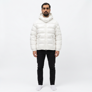 Men's <b>White</b> Hooded <b>Puffer</b> <b>Jacket</b> Breathable Fleece Lining Zipper Closure Windproof Casual Winter Regular Length Solid Color - Product Image 2