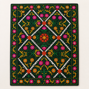Sábana de Algodón Suzani Hecha a Mano, Bordado Floral Geométrico Multicolor Verde, Decoración Étnica India Boho para el Hogar - Product Image 4