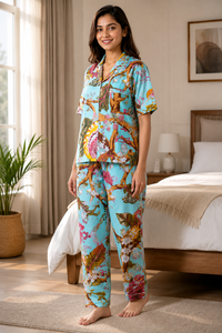 Ensemble de pyjama en coton imprimé floral pour femmes, ensemble de pyjama bleu imprimé de qualité supérieure, vêtements de nuit à manches courtes et boutonnés - Product Image 2