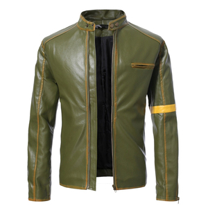 Men's Olive Green Genuine Leather Canvas Moto Jacket Stand Collar Zipper Closure Slim Fit <b>Thin</b> Winter Wear Front - Product Image 1