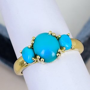 Natural <b>Turquoise</b> Three Stone <b>Ring</b> Solid 925 Sterling Silver Prong Setting Oval Cut Gemstone Yellow Gold Plated Classic <b>Ring</b> - Product Image 2