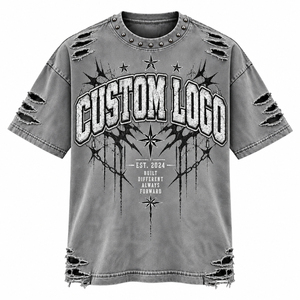 T-shirt Homme Oversize Déchiré Bordeaux à Col Clouté Manches Courtes Col Rond Style Urbain Imprimé Lettres avec LOGO PERSONNALISÉ - Product Image 2