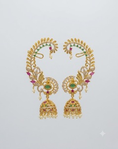 Pendientes de Oreja Ovalados con Jhumka Colgante, Aretes Étnicos Tradicionales para Mujer, Bañados en Oro, Clásicos, Venta al por Mayor - Product Image 5