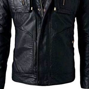 Men's Black PU Leather Hooded <b>Jacket</b> Moto <b>Biker</b> Style Zipper Closure Slim Fit Solid Color Autumn Wear - Product Image 6