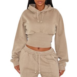 เสื้อฮู้ดครอปผู้หญิงผ้าฝ้ายคุณภาพสูงแบบกำหนดเอง รุ่นใหม่ล่าสุด แขนยาว สไตล์ลำลอง แฟชั่น เสื้อครอปฮู้ดดี้ รับผลิตตามสั่ง ขายส่ง - Product Image 3