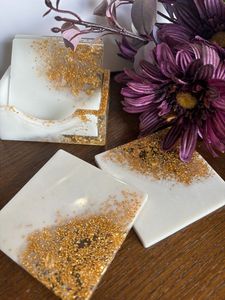Glitter Resin Coaster Marble & Geode Agate Style <b>Gold</b> Edge Handmade & Customized - Product Image 2