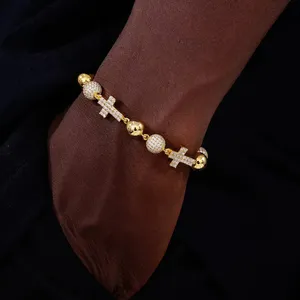 Luxury 22k <b>Gold</b> Plated <b>Beaded</b> <b>Bracelet</b> With Moissanite Cross And Round Brilliant Cut Stones Unisex Everyday Wear - Product Image 1