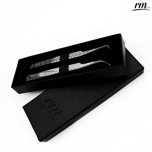 Pince à épiler pour extensions de cils RMI en acier inoxydable noir de haute qualité, 90 degrés, 12 cm / 14 cm / Lot de 2 pièces avec emballage en boîte noire - Product Image 4