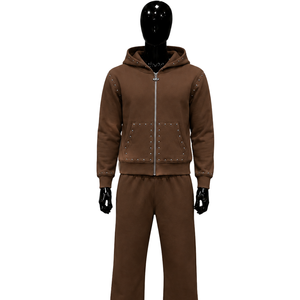 Conjunto Deportivo para Hombre con Capucha, Sudadera con Cierre Completo y Tachuelas, Pantalones a Juego, Diseño de Color Sólido, Estilo Casual para Otoño, Premium - Product Image 1