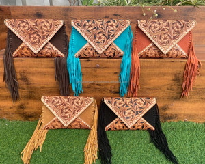 Wholesale Hand Tooled <b>Suede</b> Leather Crossbody Fringe Envelope <b>Bags</b> Western Genuine Leather Floral Carved Bohemian Shoulder Purse - Product Image 4