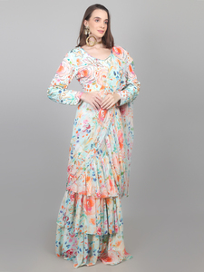 Nueva Colección de Moda Femenina: Sari Estampado Listo para Usar con Volantes y Adornos de Cuentas - Product Image 1
