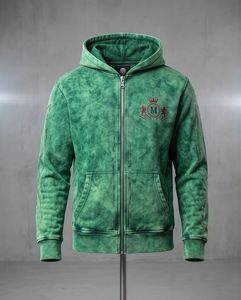 Men's Green Hooded Sweatshirt Embroidered Rhinestone M Logo Back Casual Regular Fit Autumn Cotton French Terry <b>Zip</b> <b>Up</b> <b>Jacket</b> - Product Image 1