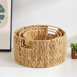 <b>Large</b> Round Hand-Woven Wicker <b>Storage</b> <b>Basket</b> Water Hyacinth Material Handles Multifunction Custom Logo for Home Organization - Product Image 3