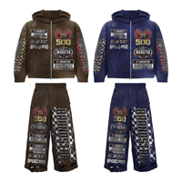 Conjunto de chándal unisex de dos piezas con cremallera, estilo casual, con efecto lavado ácido, de forro polar estampado, con capucha y efecto apilado, estilo streetwear, y pantalones jogger acampanados para maternidad