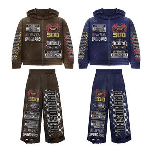 Ensemble de survêtement unisexe streetwear imprimé à capuche, zippé, deux pièces, avec pantalon jogger évasé et coupe ample - Product Image 6