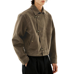 Custom Logo Vintage Asymmetric Fireman Buckle High Quality Heavyweight Men's Retro Luxury <b>Suede</b> <b>Jacket</b> Winter - Product Image 2