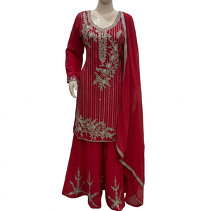 FAMUCAAS Hermoso Conjunto de Vestido Bordado a Mano para Mujer con Salwar/Plazo/Sharara de Georgette Blanca para Bodas y Fiestas, Ropa Étnica - Product Image 5