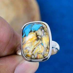 Coupelle en argent sterling 925 faite à la main, forme coussin, turquoise cuivre huître jaune - Product Image 2