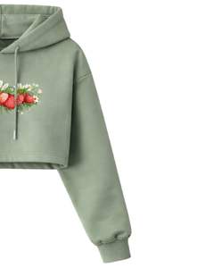 Ensemble crop top et short vert sauge pour femme, broderie fraise, tenue deux pièces en molleton de coton, vêtements de détente, fabricant en gros - Product Image 2