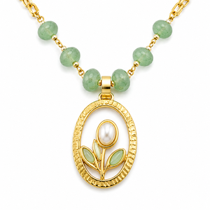 Collar Personalizado Chapado en Rodio con Colgante Ovalado de Jade Verde, Flor Esmaltada y Medallón de Perlas, Cadena Fina, Joyería Fina para Mujer, Regalo - Product Image 2