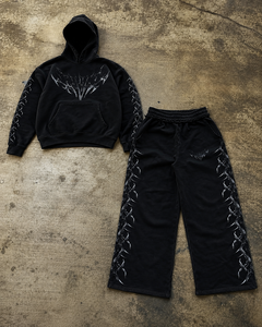 Custom Black Winter Solid Vintage Wash Zip <b>Hoodie</b> Jogger Set for Streetwear <b>Lightweight</b> Cotton Fleece Logo Men Sweatsuits Casual - Product Image 1