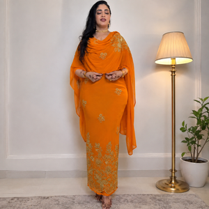 Tela de algodón voile sudanés naranja |   Tela Africana Bordada 100% Algodón con Diseños Florales para Vestidos de Mujer, Ropa para Eid - Product Image 4