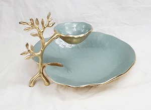 <b>Tree</b> Shape Round Wood Cake Stand Handmade Gold <b>Branch</b> Design Turquoise Top and Base Decorative Dessert Display Dishwasher Safe - Product Image 4