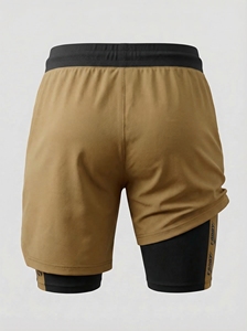 Shorts de sport pour homme 2 en 1 personnalisés, couleur camel, avec doublure de compression, poches zippées, cordon de serrage, pour l'entraînement physique, marque privée - Product Image 3