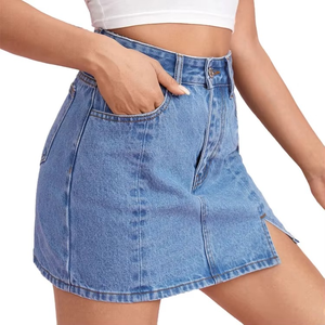 Jupe Courte en Jean Taille Haute pour Femme, Longueur Genou, Tendance Mode, avec Fente Avant, Boucles de Ceinture et Détails de Poches, OEM Disponible - Product Image 3