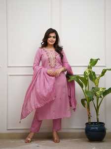 Pink Embroidered Salwar Kameez Set Women Cotton Kurta <b>Pant</b> Dupatta Loose Fit Traditional Ethnic Wear Casual All Seasons - Product Image 2