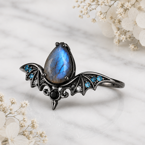Bague de fiançailles Labradortie Bat Wing en argent sterling 925 massif, rhodiée noire, sertie de griffes, pour femme, style gothique, bague cocktail, vente en gros - Product Image 3