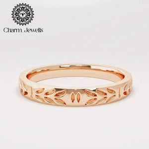 Bague de fiançailles et de mariage unisexe classique en moissanite plaquée or rose avec motif feuille, certifiée IGI - Charm_Jewells - Product Image 2