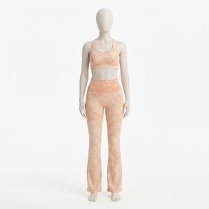 Women Peach Acid Wash <b>Yoga</b> Set Sports Bra High Waist <b>Flared</b> <b>Leggings</b> Gym Fitness Workout Activewear - Product Image 1