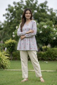 TOP AND PENT <b>SET</b> COTTON WITH HEART WMBROIDDERY WORK WITH FULL SLEEVE FULLY STITCHED V NECK <b>LINEN</b> COTTON - Product Image 3