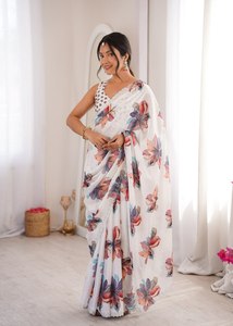 Sari de Algodón con Estampado Floral Blanco Estilo Bollywood de MEETALI CREATION, Sari de Diseñador para Mujer de Alta Calidad al por Mayor, Largo hasta el Suelo, Envío Rápido - Product Image 2