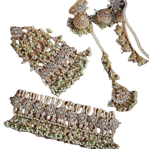 Conjunto de collar tradicional afgano con piedras de rubí rosa y detalles en verde esmeralda con perla blanca colgante. - Product Image 2